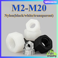 (Black / White / Transparent) Nylon Hex Nut M2 M2.5 M3 M4 to M20 PA66 Plastic Insulated Hexagon Nut 