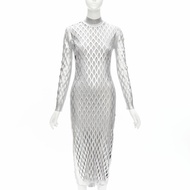 new FENDI Nicki Minaj 2019 Runway Abito silver net cut out lined dress IT42 M