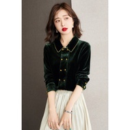 Green Gold Velvet Top Bottoming Shirt Season 2025 Ladies Shirt Women's Shirt French Spring z10.27