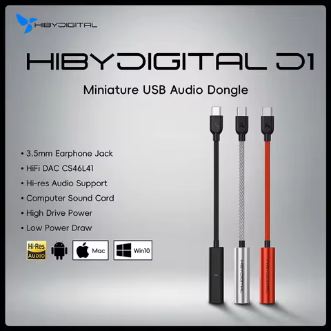 HiBy Digital D1 Type C HiFi Audio Dongle USB DAC Headphone AMP PCM32Bit/384kHz 3.5mm Output CS46L41 
