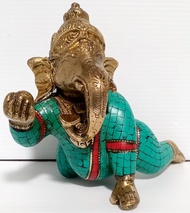 Bronze Statue Of Bal Ganesha(Baby Ganesha) Decorated With Turquoise Lapis And Coral Stones.
