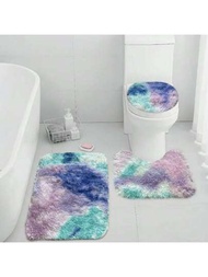 3入組長毛染色藍色馬桶蓋套，浴室地毯套裝附有防滑腳墊，柔軟吸水的浴室地墊，具隔音和舒適性