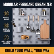 Modular Pegboard Wall Organizer Set - No-Drill Pegboard Panel with Shelf & Hooks
