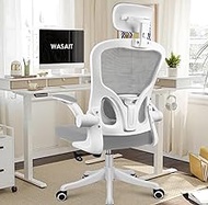 WASAIT Ergonomic Office Chair with Lumbar Support Home Office Desk Chairs White with Flip-Up Arms &amp; Comfortable Headrest Cushion Swivel High Back Computer Chair Study Chair Comfy for Teens and Adults