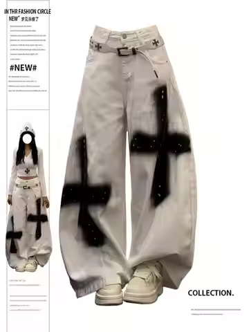 Women's Baggy Jean Goth Cross Graffiti Y2k Japanese 2000s Streetwear Dark Academia Denim Pants Y2k L