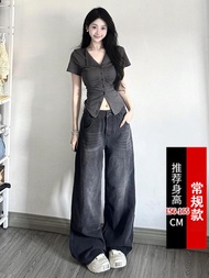 สไตล์ฮ่องกงย้อนยุคบาน กางเกงยีนส์ ผู้หญิง 150xs ขนาดเล็ก หลวม ปิดเนื้อกระชับ พรางหุ่น ขากว้าง กางเกง