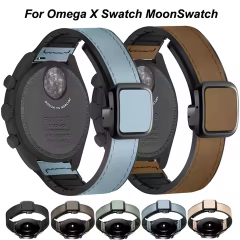 20mm Magnetic Silicone+Leather Strap For Omega X Swatch MoonSwatch Quick Release Wristband For MoonS