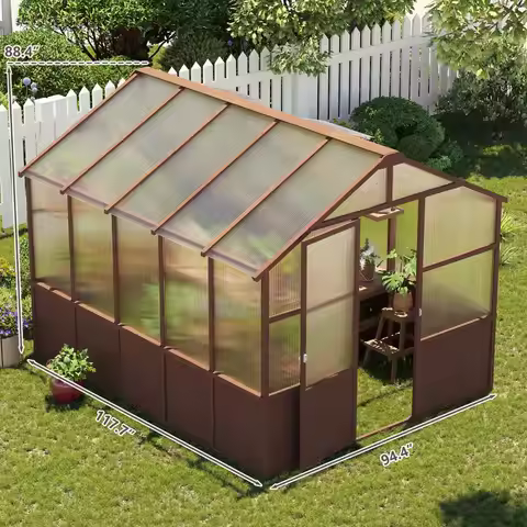 8x10ft Walk-in Greenhouse Kit with Natural Cedar Frame & 6mm Polycarbonate Panels, Adjustable Vent, 