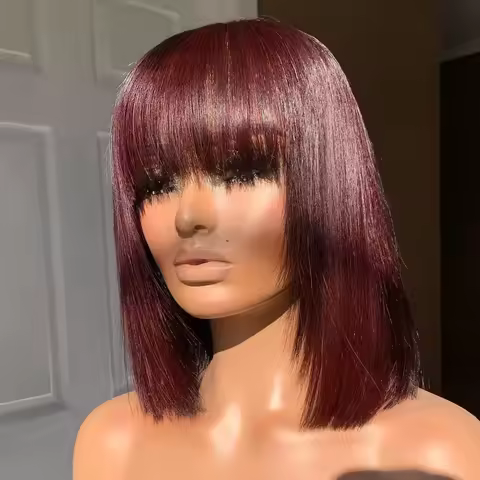 99J Burgundy Human Hair Short Bob Wig With Bangs Dark Brown Balayage Color Blend Straight Bob With F