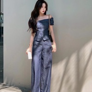 LYN- SET SHORT OFF SHOULDER DRESS WITH VERTICAL BUTTONS MIXED WITH DENIM SURFACE PANTS, WOMEN'S BEEF
