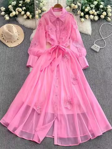 Western Luxury Fairy Chiffon Beaded Flower Lapel Dress Women Waist Cinching Elegant Swing Maxi Dress