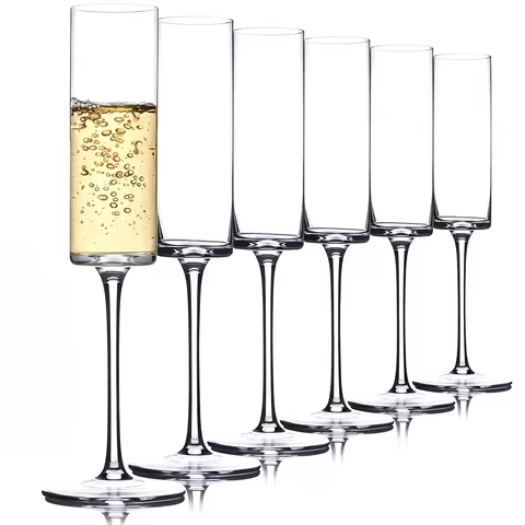 Crystal Champagne Flutes Set of 6 - 6.5 oz Hand Blown Champagne Glasses With Long Stem - Elegant Spa