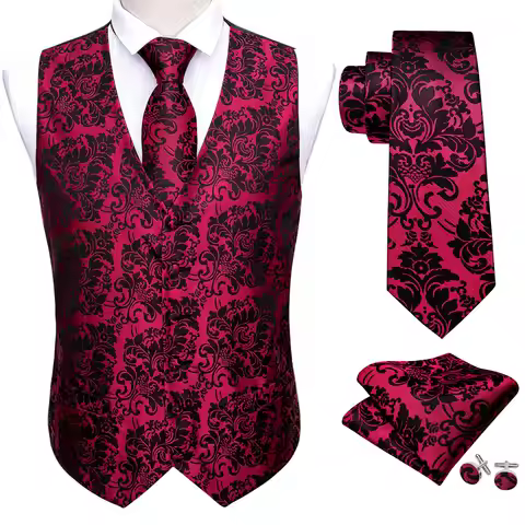 4PC Mens Vest Red Black Gold Green Purple Slim Fit Waistcoat Tie Pocket Square Cufflinks Set Wedding