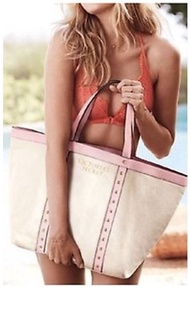 VS Victoria's Secret canvas leather pink trim studded open beach tote bag