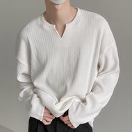 Hanlu áo thun nam cổ tròn Áo thun tay áo dài cổ chữ V dáng rộng áo len thường ngày đẹp thời trang áo