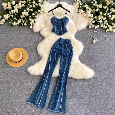 Two Pieces Women Pant Set Denim Matching Set Solid Camisole Sleeveless Top Zipper Fly Empire Waist F