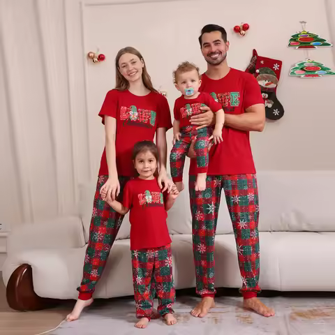 Short Sleeve O Neck T-Shirt+Trousers 2 Pieces SuitChristmas Pajamas Set Family Matching Outfits Soft