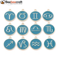 1set Alloy Enamel Pendants Flat Round with Constellation Dark Cyan 22x18x2mm Hole: 1.5mm 12pcs/set