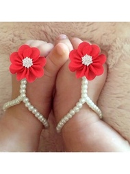 嬰兒女孩花朵鞋，仿珍珠花朵裝飾裸足涼鞋襪，適用於拍攝新生兒，嬰兒派對禮物
