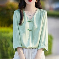 2025年新款新品洋气新中式国风上衣女盘扣薄款缎面短袖衬衫洋气新款气质百搭套头上衣DF