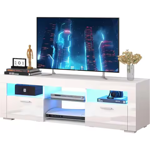 White TV Stand for 50 55 Inch TV Entertainment Center with Led Lights Modern TV Stands for Bedroom T