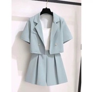 日韓風格藍色小香風西裝設計兩件套 套裝 外套短褲 blue jacket and shorts one set