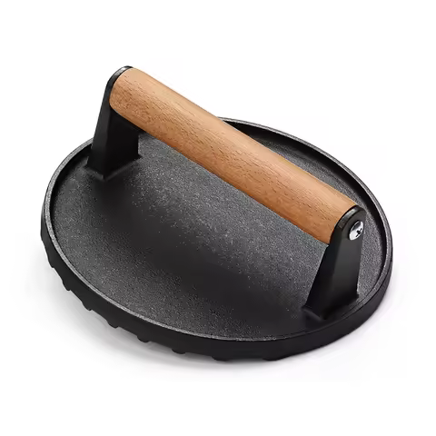 AB51 Burger Press 7Inch Round Cast Iron Smash Bacon Press Meat Steak with Wood Handle for Griddle, S
