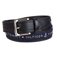 Men's Ribbon Inlay Fabric Belt with Single Prong Buckle, Black/Navy, Medium