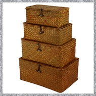 Seagrass Storage Baskets with Lids Woven Rectangular Basket Bins Wicker Storage Organizer for Shelf 