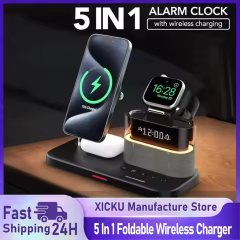5 In 1 Multifunctional Magnetic Wireless Charger Stand RGB LED Night Light Alarm Clock for iPhone Sa