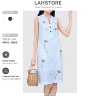LAHSTORE loose linen dress Sleeveless Collar, floral embroidery DS06 (White)