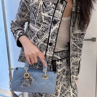 DIOR D-Joy橫版小號  藍色牛仔黛妃手提肩背包22*12*6 98新配件盒子塵袋