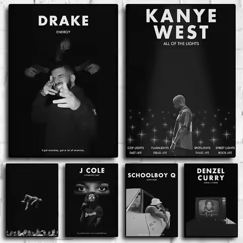 Pop Hip Hop Rapper Kanye West Drake J.Cole Posters for Room Black & White Aesthetics Art Home Wall D