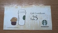 星巴克 starbucks $25 禮券 coupon gift certificate