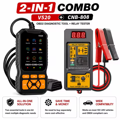V520 OBD2 Car Diagnostic Scanner with CNB-808 Relay Test Tool Combo Engine Code Reader Eraser Suppor