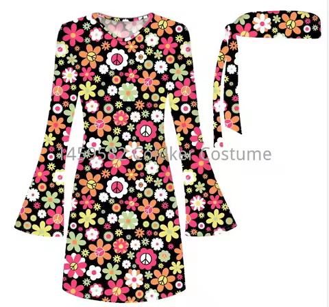 Women 70s Floral Disco Dress Costume Hippie Clothes Accessories Halloween Dance Costumes For Women D