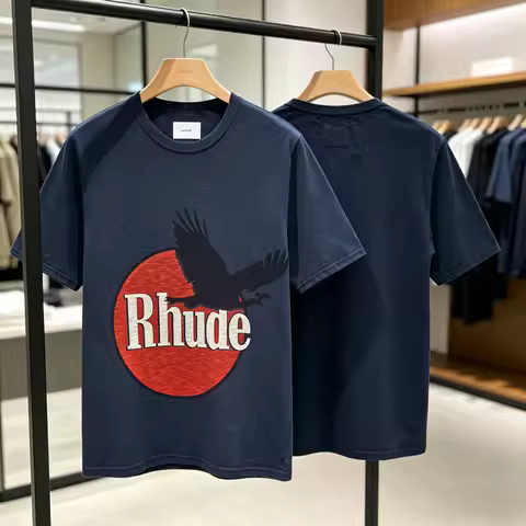 Dark Blue RHUDE Eagle Print T Shirt Summer Men Women High Quality Streetwear Loose Short Sleeve Tops