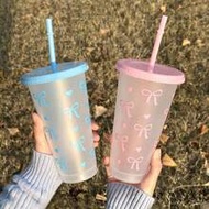 1-10pcs 24oz (710ml) Water Bottle With Lid & Straw, Pink/Blue Bow Design. Made Of Thick Plastic, Hea