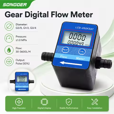 LCD Blue Gear Digital Flow Meter Battery Powered Flow 30-1200L/H 3/8" Port Pressure Wear Resistant F