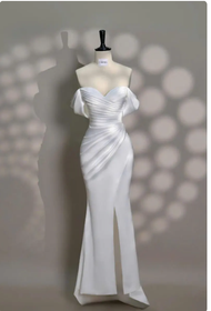 Gaun Putih - Gaun Satin Panjang - Gaun Pesta - Gaun Bahu Terbuka - Gaun Bridesmaid - Gaun Natal -