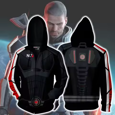 Game Mass Effect N7 Cosplay Full Zipper Mens Hoodie Sweatshirt Male Hoodies Long Sleeves Coat Jacket