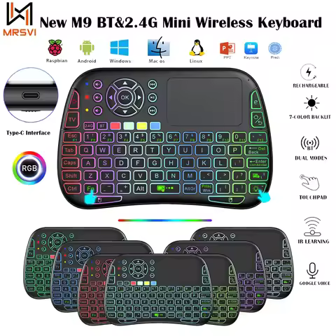 New M9 BT&2.4G Mini Wireless Keyboard 7 Backlit Type-C Voice IR Learning Air Mouse Remote Touchpad f