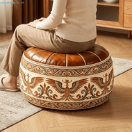 SEVENHOME3E Sofa Stool Cover, PU Leather Phoenix Pattern Pouf Cover, Decorative Space Saving Foldabl