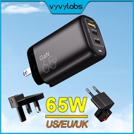 Vyvylabs 65W GaN Charger  ที่ชาร์จความเร็วสูงอังกฤษสหรัฐสหภาพยุโรปปลั๊กตัวแปลง PD3.0 QC4.0 USB C เคร