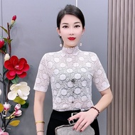 lace top retro top Kemeja-T lengan pendek kolar separa tinggi, baju singkat, blaus renda, baju dalam