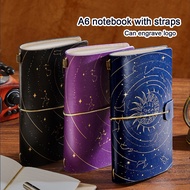 (Can Engrave Logo) A6 Leather Travel Diary, Handbook, Strap Design, Universe Pattern Notebook, Stude