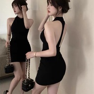 602 High Waist Dress Neck Strap Design Short Skirt Sleeveless Open Back Sexy Form-Fitting Pleated At