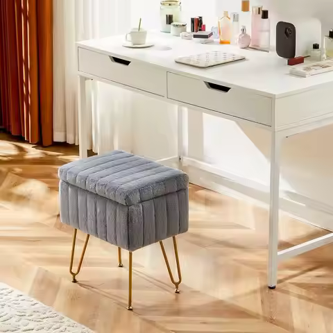 Stool Vanity Chair Faux Fur With Storage, Soft Ottomans 4 Metal Legs With Adjustable Anti-Slip Feet 