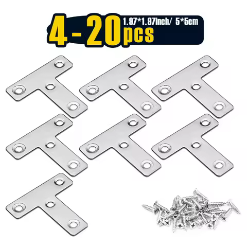 4-20pcs, Stainless Steel T Plate Brackets (50x50mm/2 x2inch), Metal T Brackets with 4 Holes for Brac