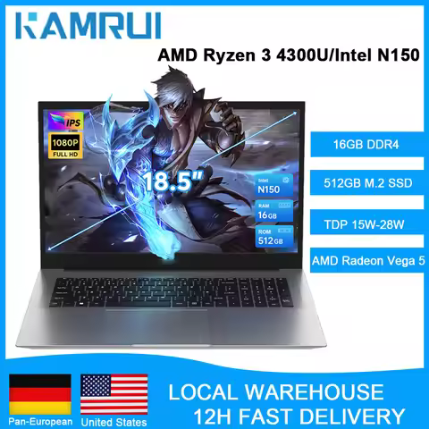 KAMRUI Laptop Computer 18.5" FHD 7000mAh Intel N150/R3 4300U 3.7GHz Windows11 PRO 16GB DDR4 512GB M.